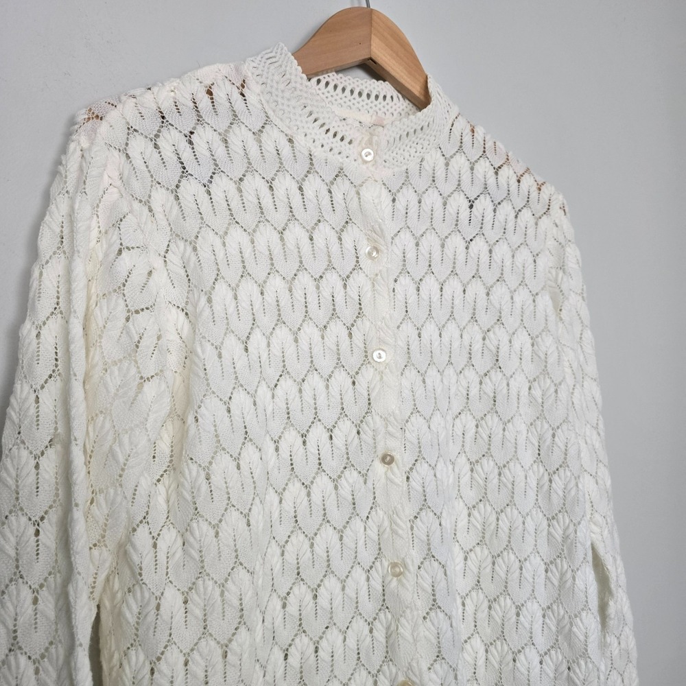 VTG 70s Montgomery Ward Women Cardigan Large White Boho Cottagecore Coquette - Picture 3 of 12